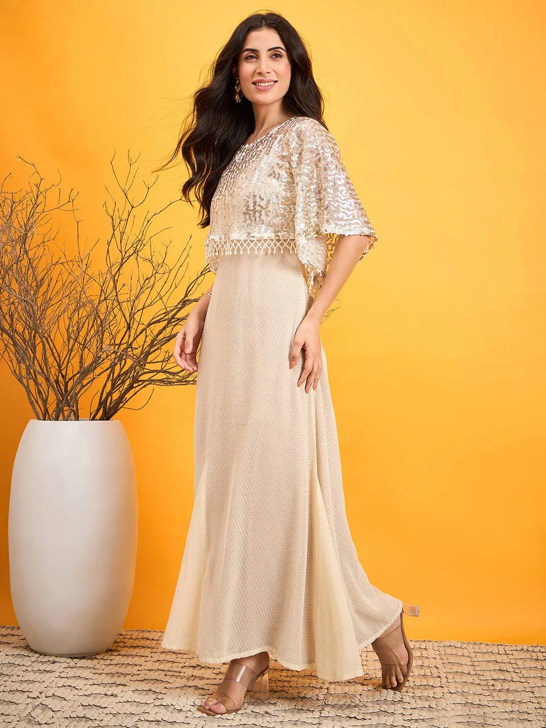 Beige Flashy Sequined Festive Dress