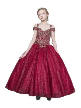 Big Girls Burgundy Rhinestone Glitter Tulle Pageant Ball Dress 8-16