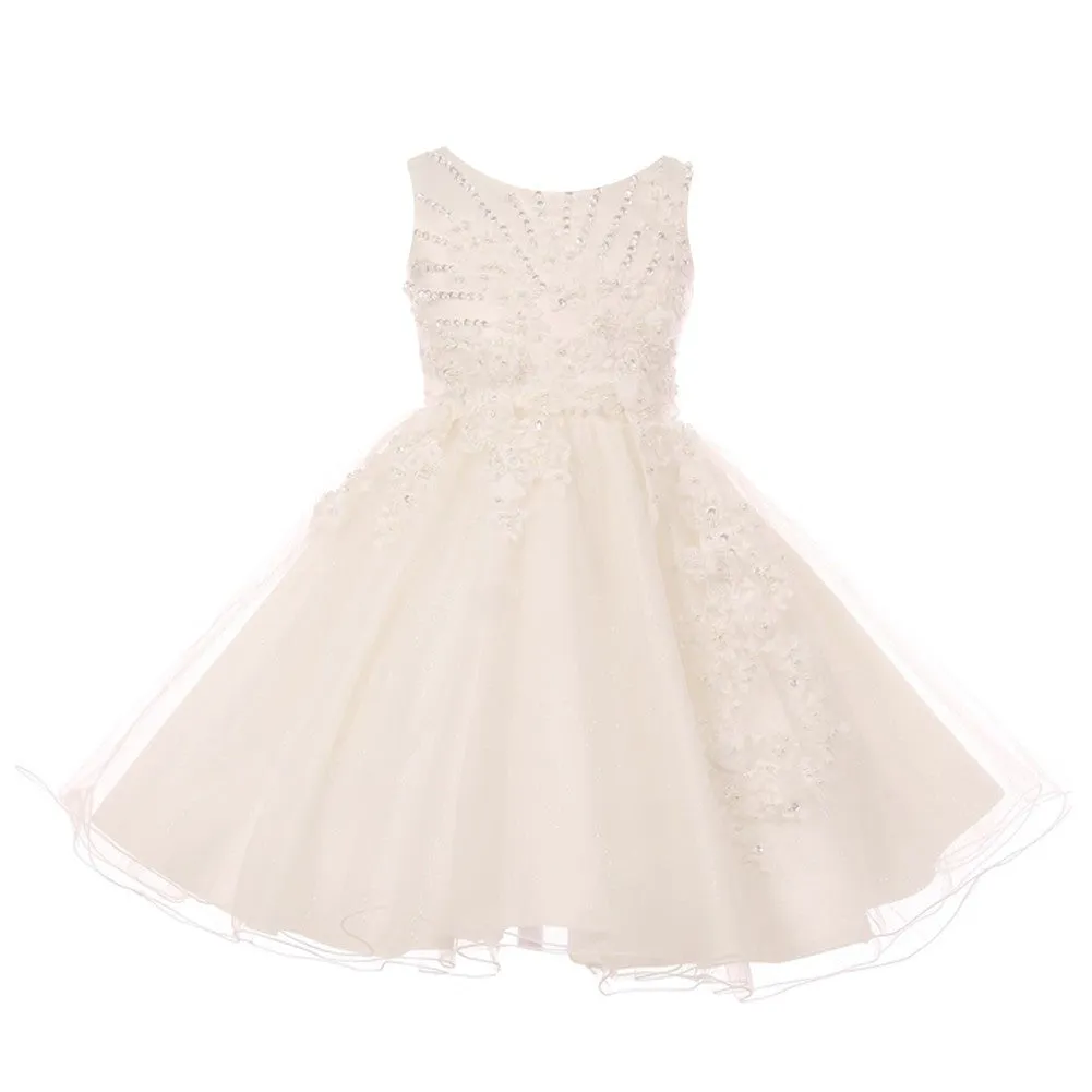 Big Girls Ivory Pearl Beaded Glitter Tulle Junior Bridesmaid Dress 8-12