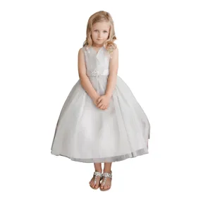 Big Girls Silver Glitter Tulle Rhinestone Brooch Junior Bridesmaid Dress 8-12