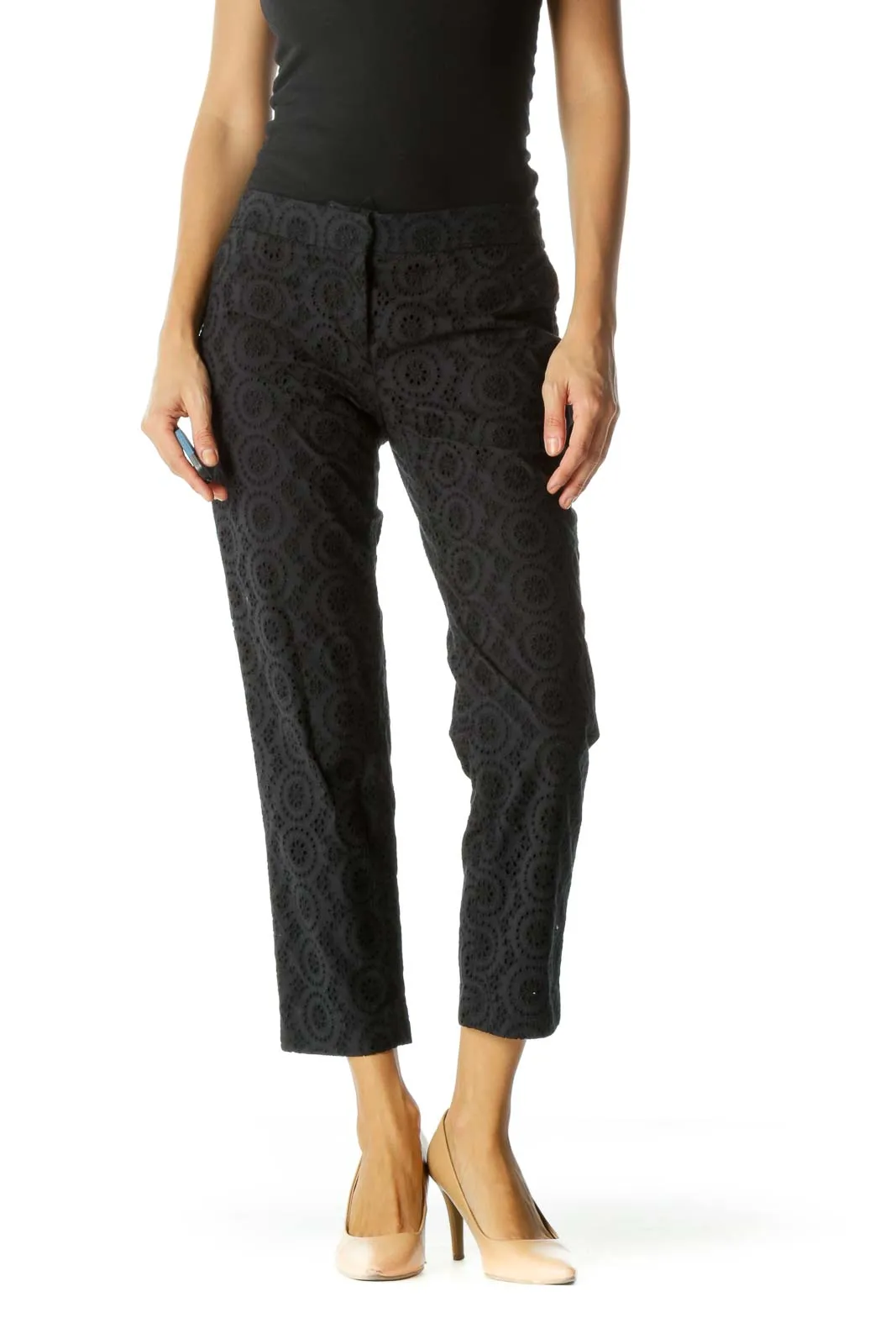 Black Eyelet Mid Rise Cropped Pant