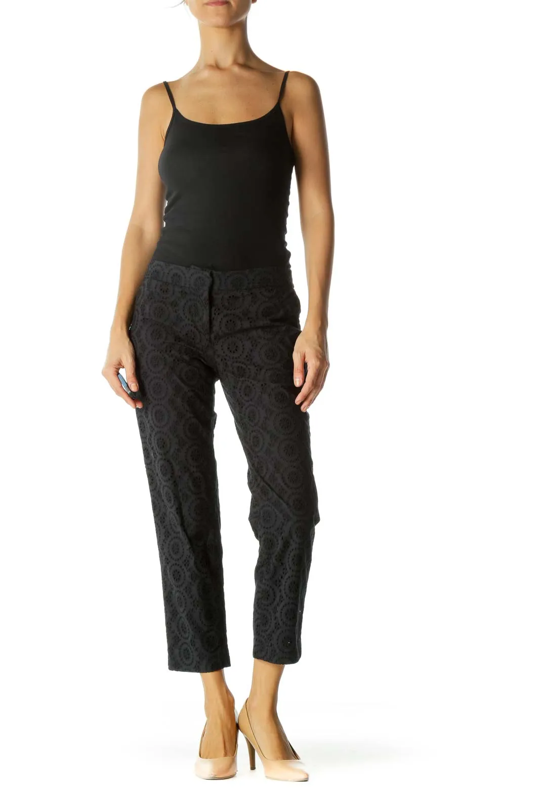 Black Eyelet Mid Rise Cropped Pant