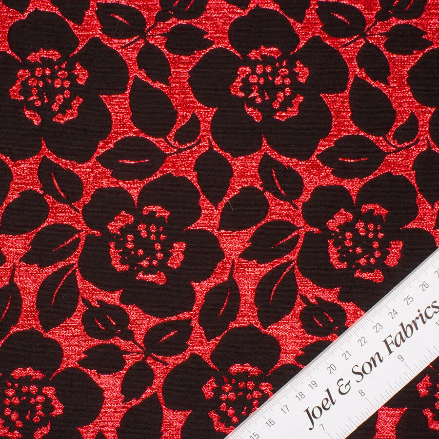 Black Floral on Red Metallic Brocade