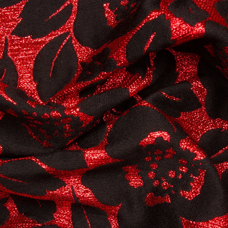 Black Floral on Red Metallic Brocade