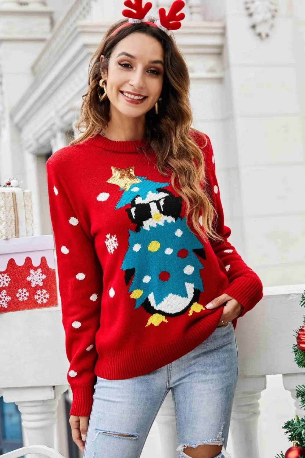 Christmas Penguin Graphic Sequin Sweater Christmas Sweater Womens Fashion Holiday Clothing Ugly Christmas Sweater Unisex Sweatshirt KESLEY