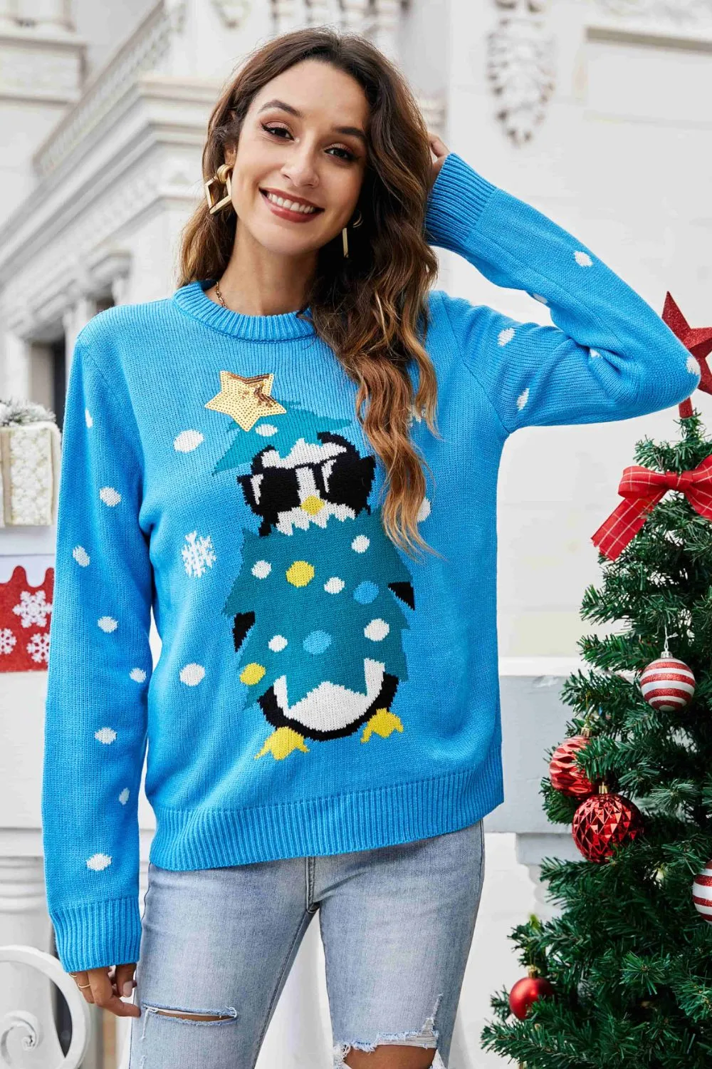 Christmas Penguin Graphic Sequin Sweater Christmas Sweater Womens Fashion Holiday Clothing Ugly Christmas Sweater Unisex Sweatshirt KESLEY