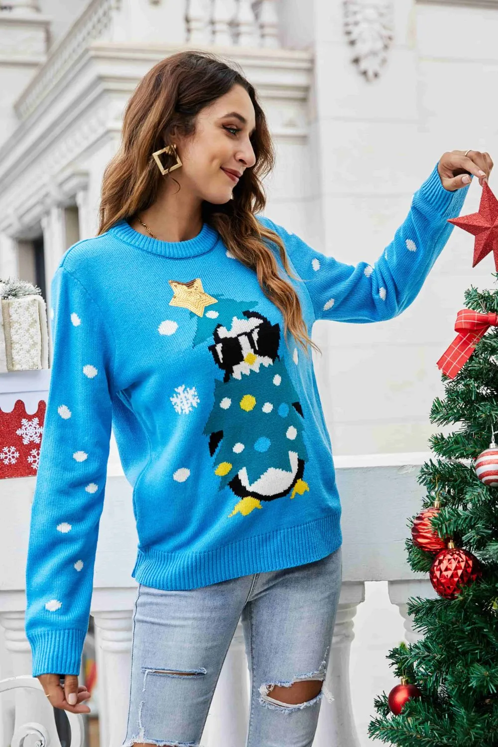 Christmas Penguin Graphic Sequin Sweater Christmas Sweater Womens Fashion Holiday Clothing Ugly Christmas Sweater Unisex Sweatshirt KESLEY