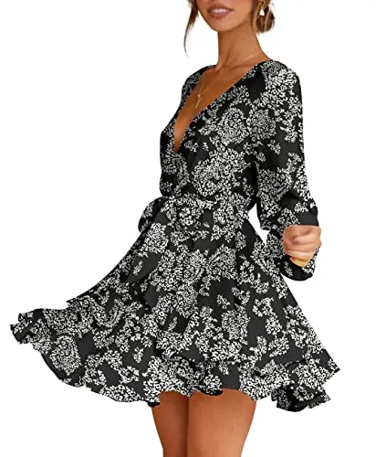 Cosonsen Women's Dress Deep V-Neck Long Sleeve Waist Tie Ruffle Mini Swing Skater Dresses