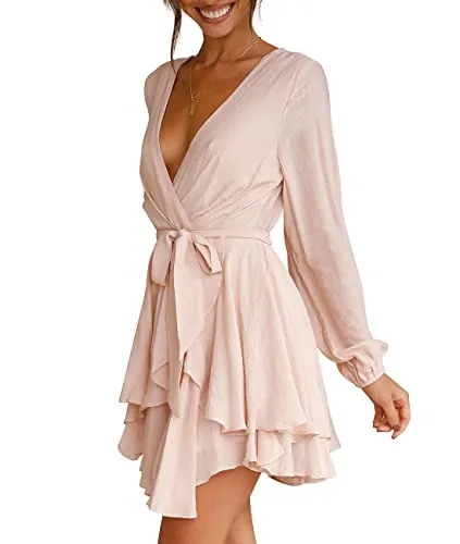 Cosonsen Women's Dress Deep V-Neck Long Sleeve Waist Tie Ruffle Mini Swing Skater Dresses