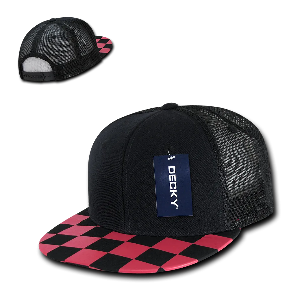 Decky 1085 Checker Bill Trucker Snapback Hat, Flat Bill Check Pattern Cap