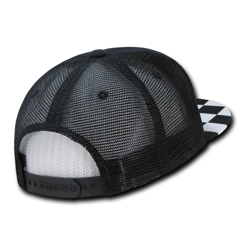 Decky 1085 Checker Bill Trucker Snapback Hat, Flat Bill Check Pattern Cap