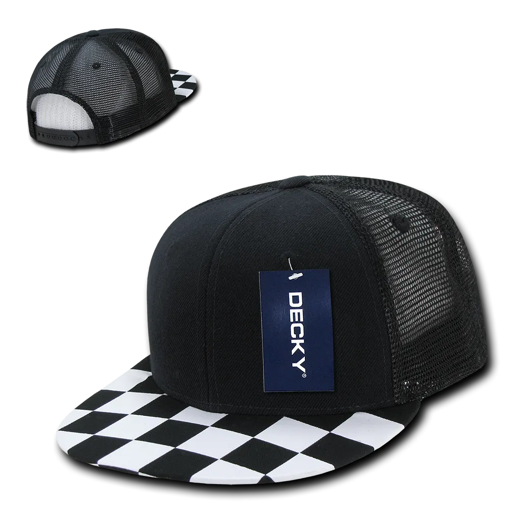 Decky 1085 Checker Bill Trucker Snapback Hat, Flat Bill Check Pattern Cap