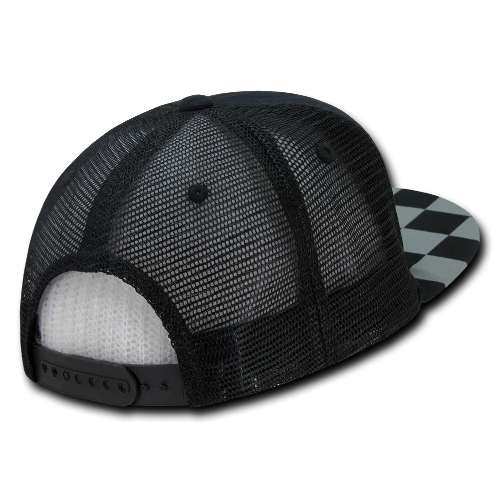 Decky 1085 Checker Bill Trucker Snapback Hat, Flat Bill Check Pattern Cap