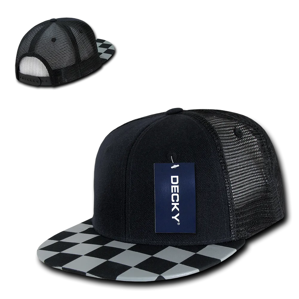 Decky 1085 Checker Bill Trucker Snapback Hat, Flat Bill Check Pattern Cap