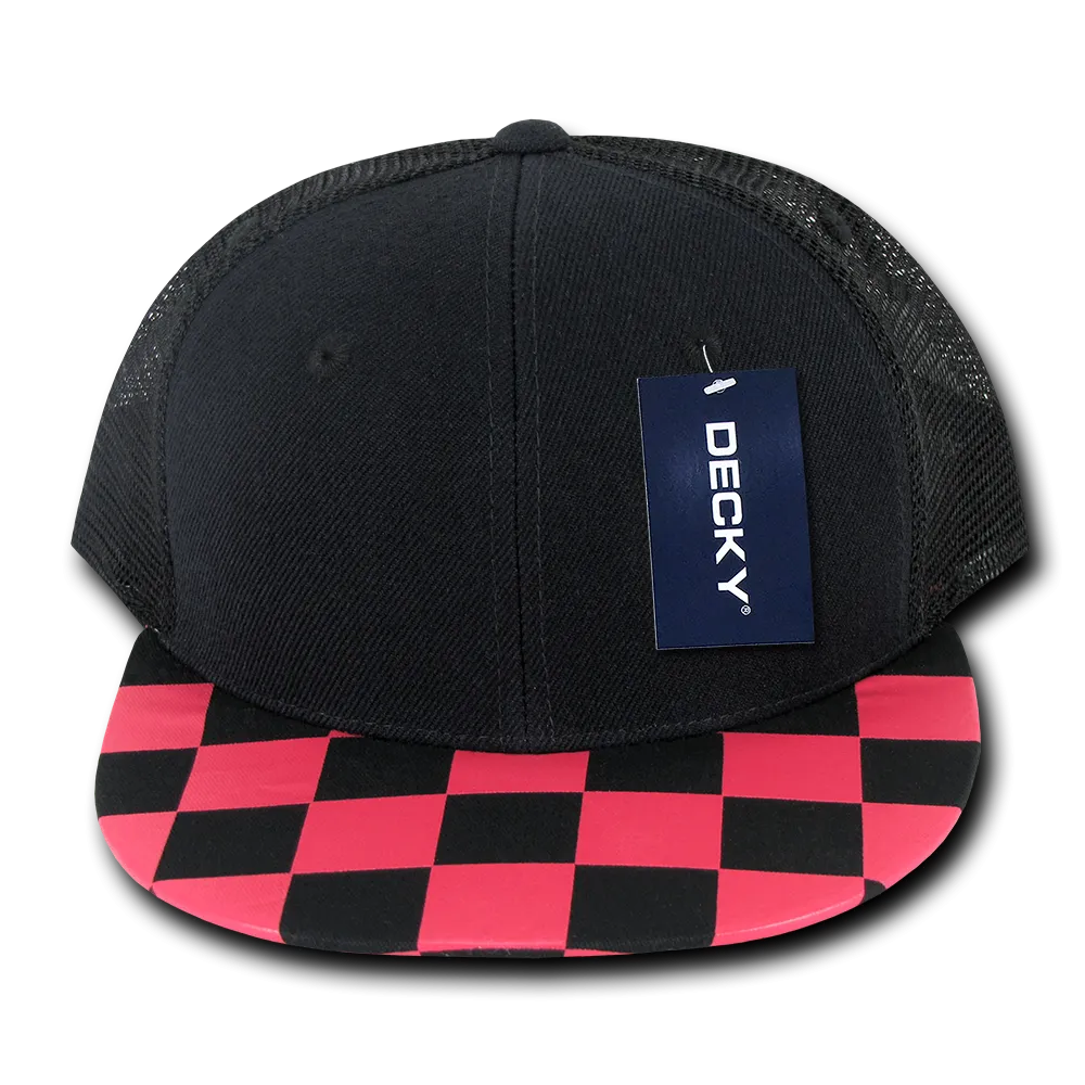 Decky 1085 Checker Bill Trucker Snapback Hat, Flat Bill Check Pattern Cap