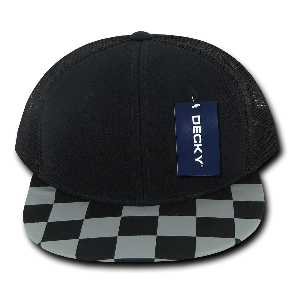 Decky 1085 Checker Bill Trucker Snapback Hat, Flat Bill Check Pattern Cap