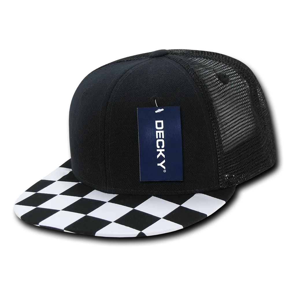 Decky 1085 Checker Bill Trucker Snapback Hat, Flat Bill Check Pattern Cap