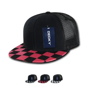 Decky 1085 Checker Bill Trucker Snapback Hat, Flat Bill Check Pattern Cap