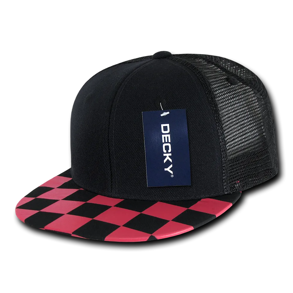 Decky 1085 Checker Bill Trucker Snapback Hat, Flat Bill Check Pattern Cap