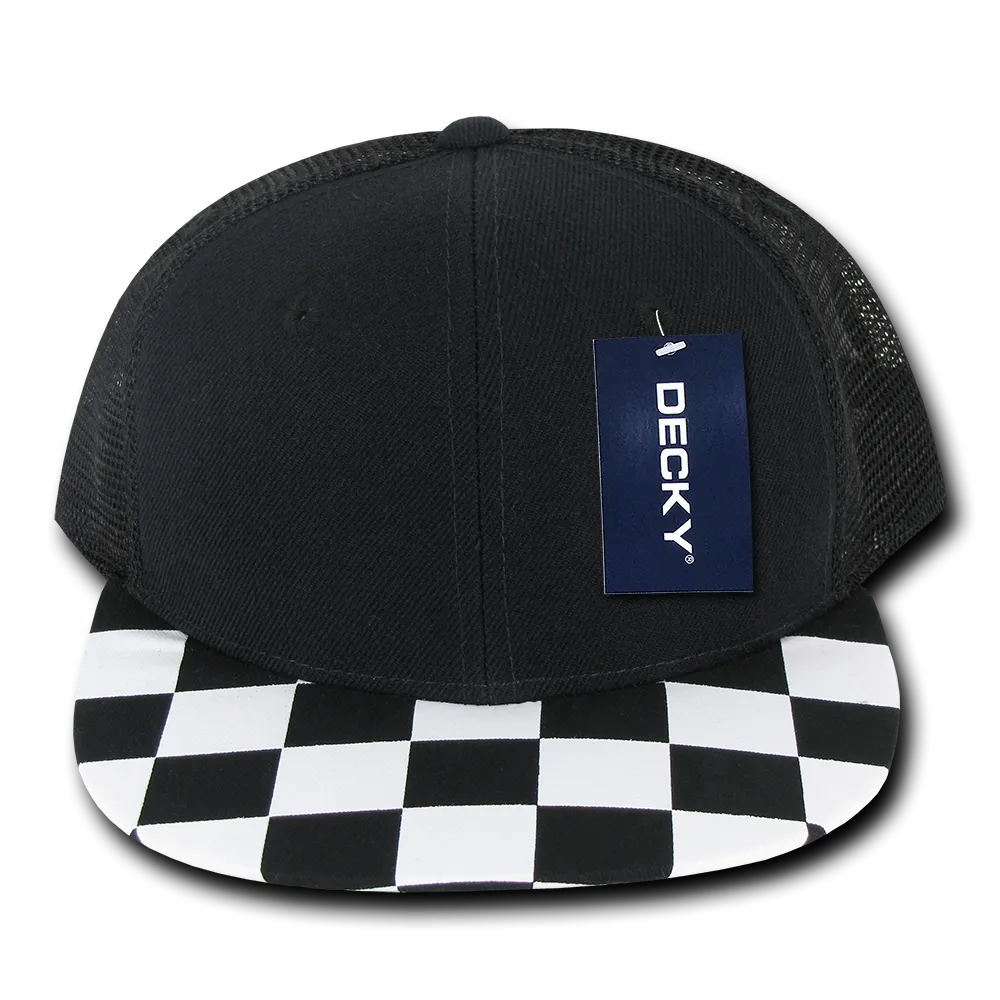 Decky 1085 Checker Bill Trucker Snapback Hat, Flat Bill Check Pattern Cap