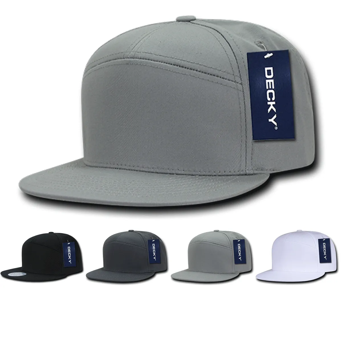 Decky 1098 7 Panel Flat Bill Hat, Snapback, 7 Panel High Profile Structured Cap - CASE Pricing