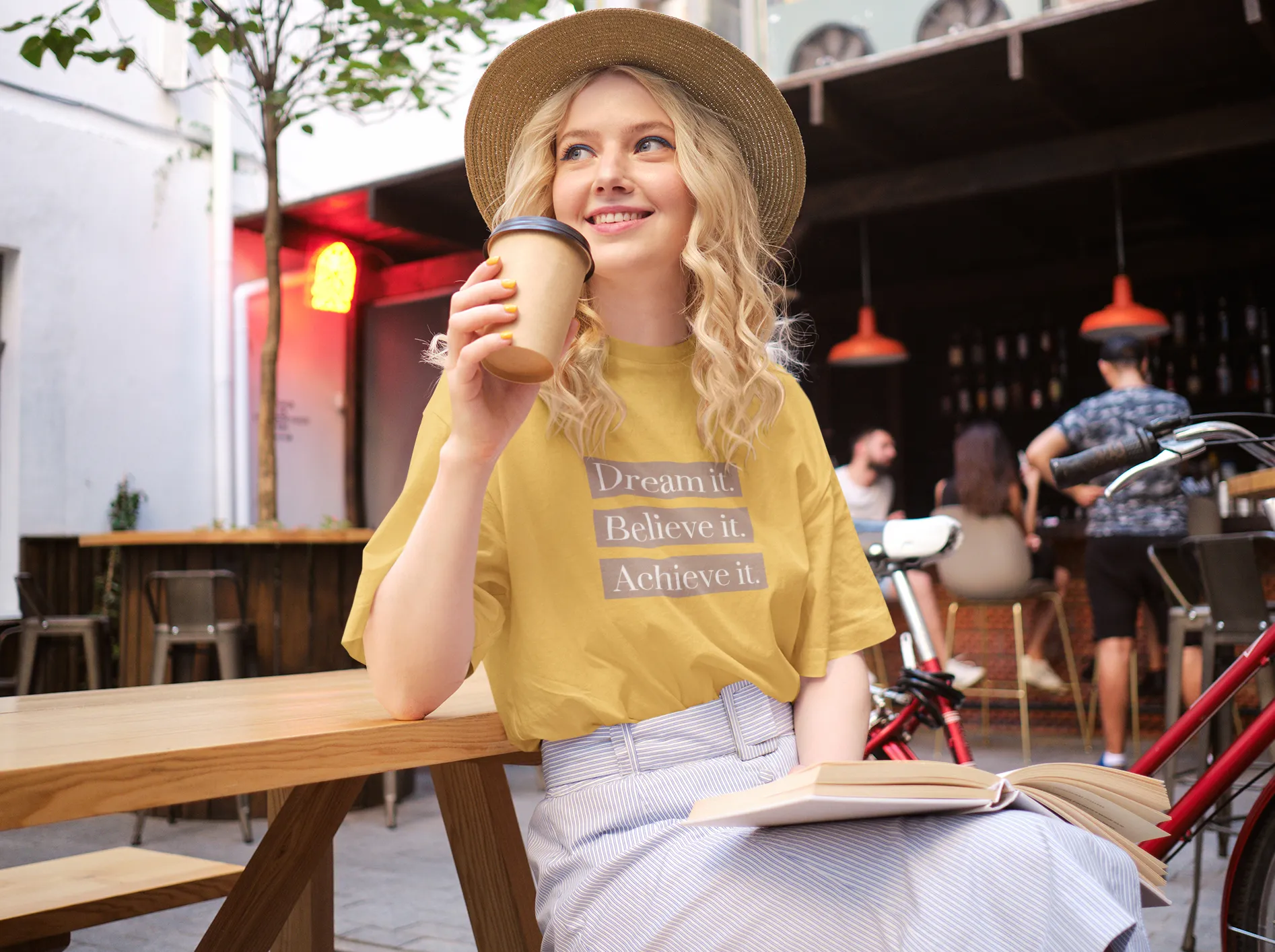 Dream Believe Achieve Oversized Mustard Yellow Printed T-shirt Unisex