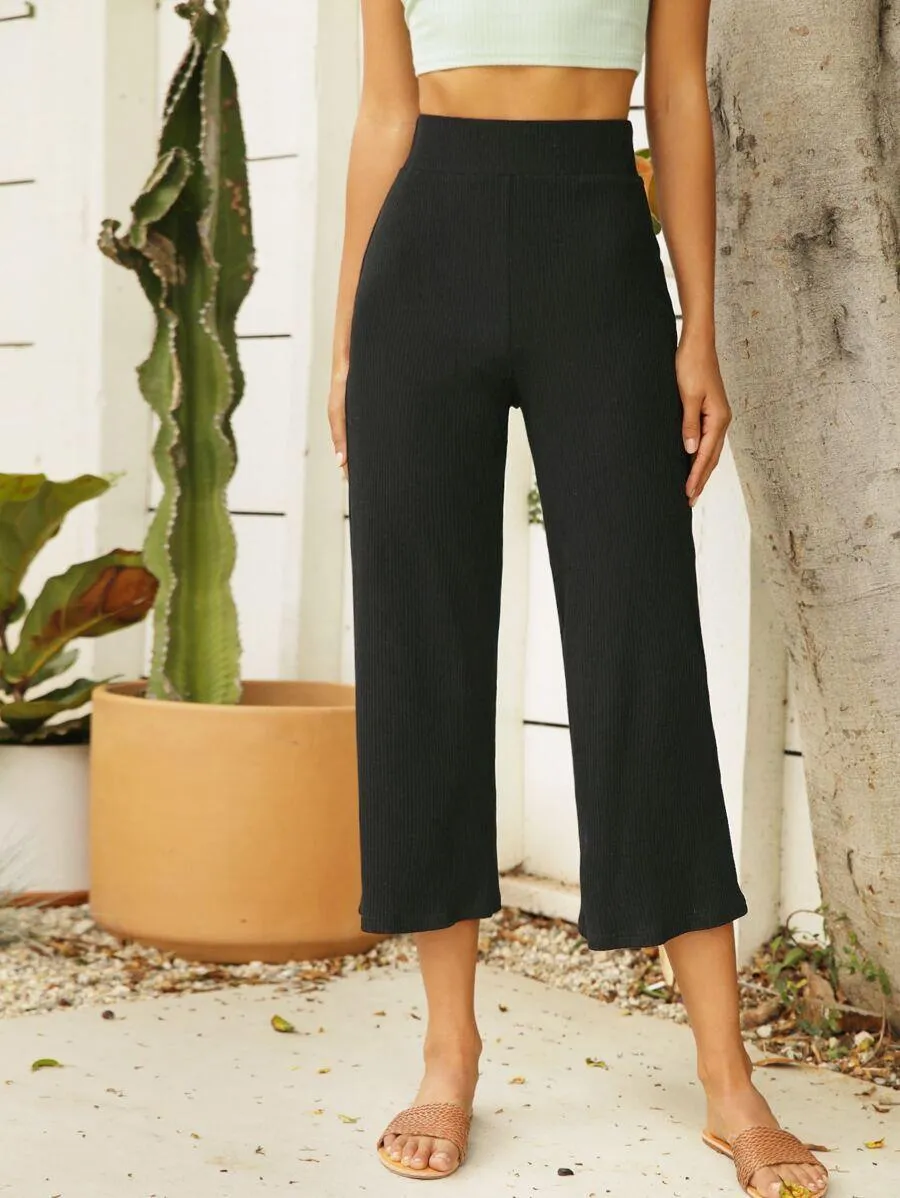 Elastic Waist Rib-knit Solid Cropped Pants