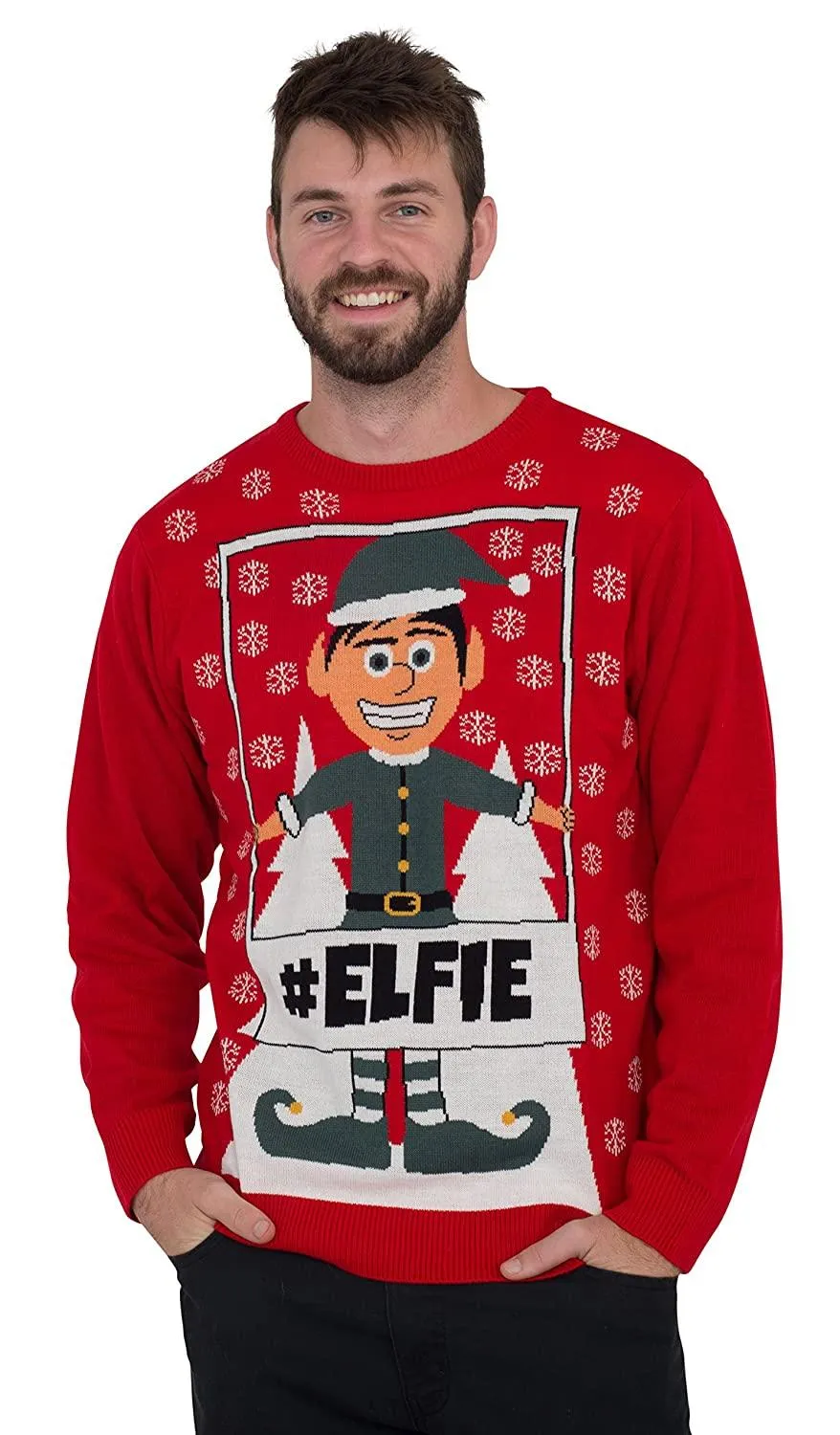 #Elfie Hashtag Elf with Snowflakes Ugly Christmas Sweater