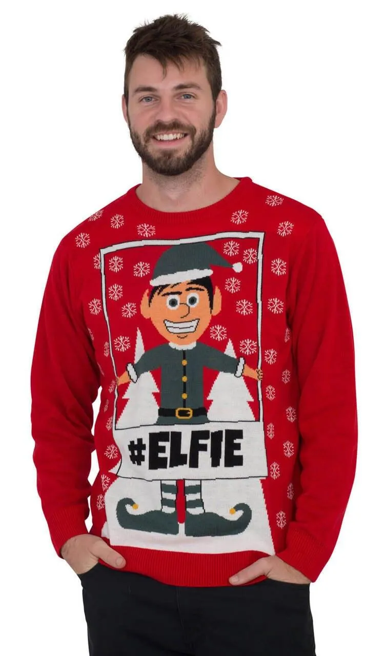 #Elfie Hashtag Elf with Snowflakes Ugly Christmas Sweater