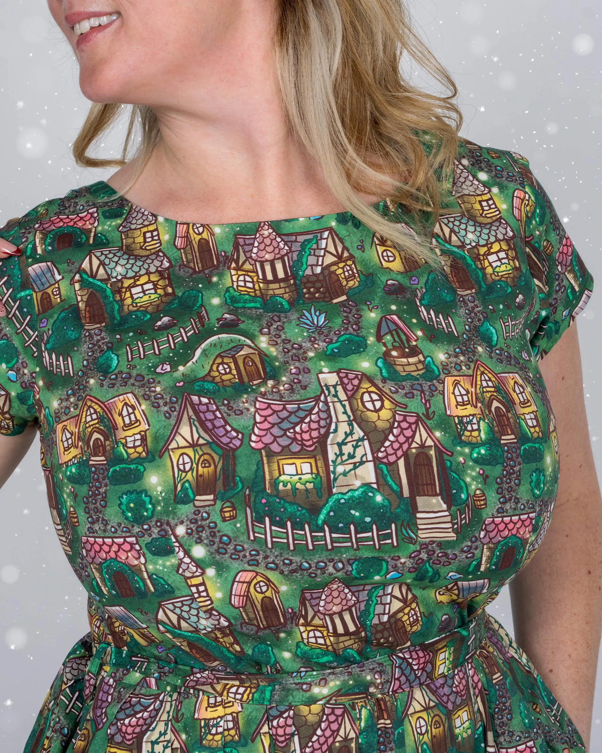 Festive: Christmas Cottages Stretch Belted Tea Dress with Pockets