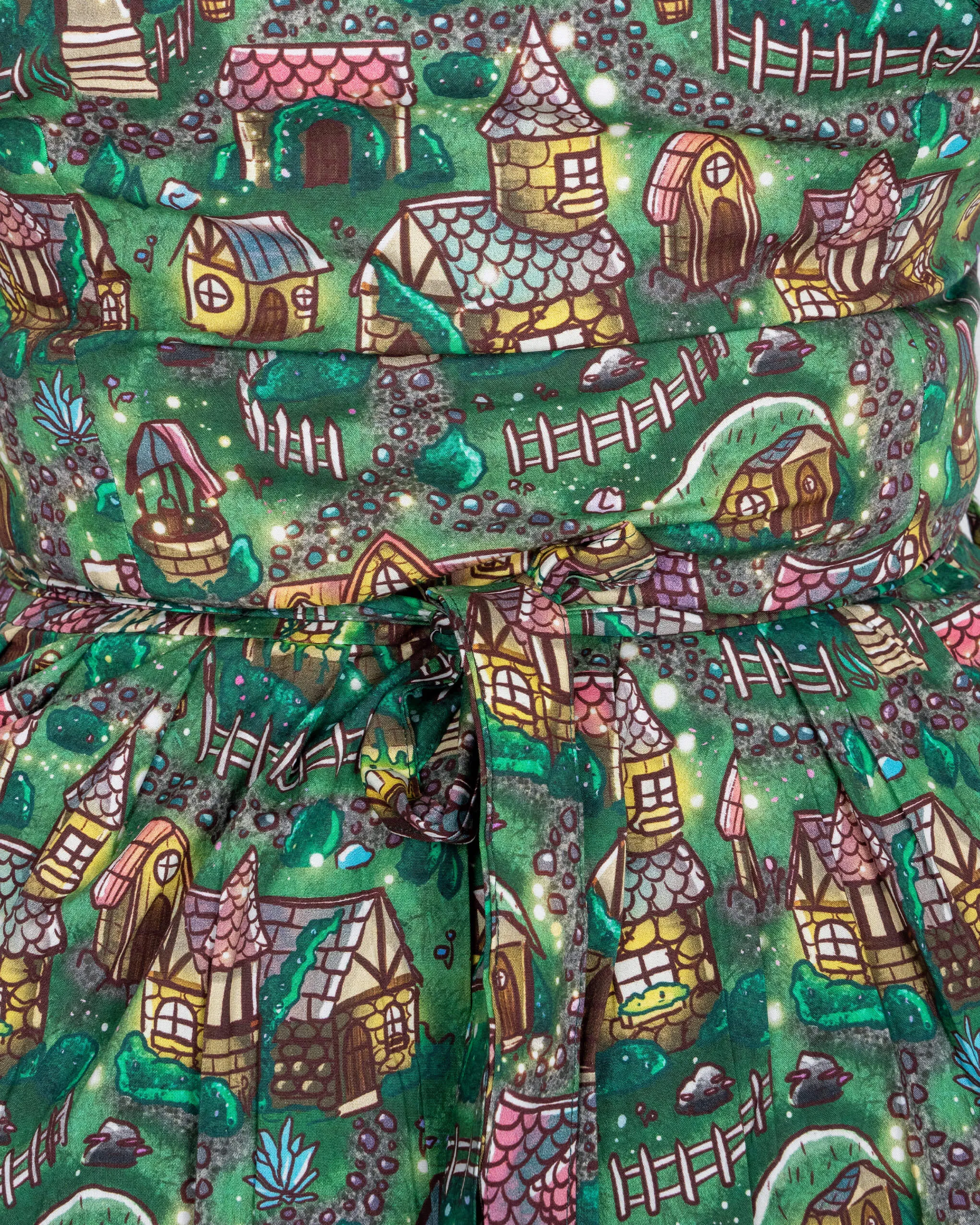 Festive: Christmas Cottages Stretch Belted Tea Dress with Pockets