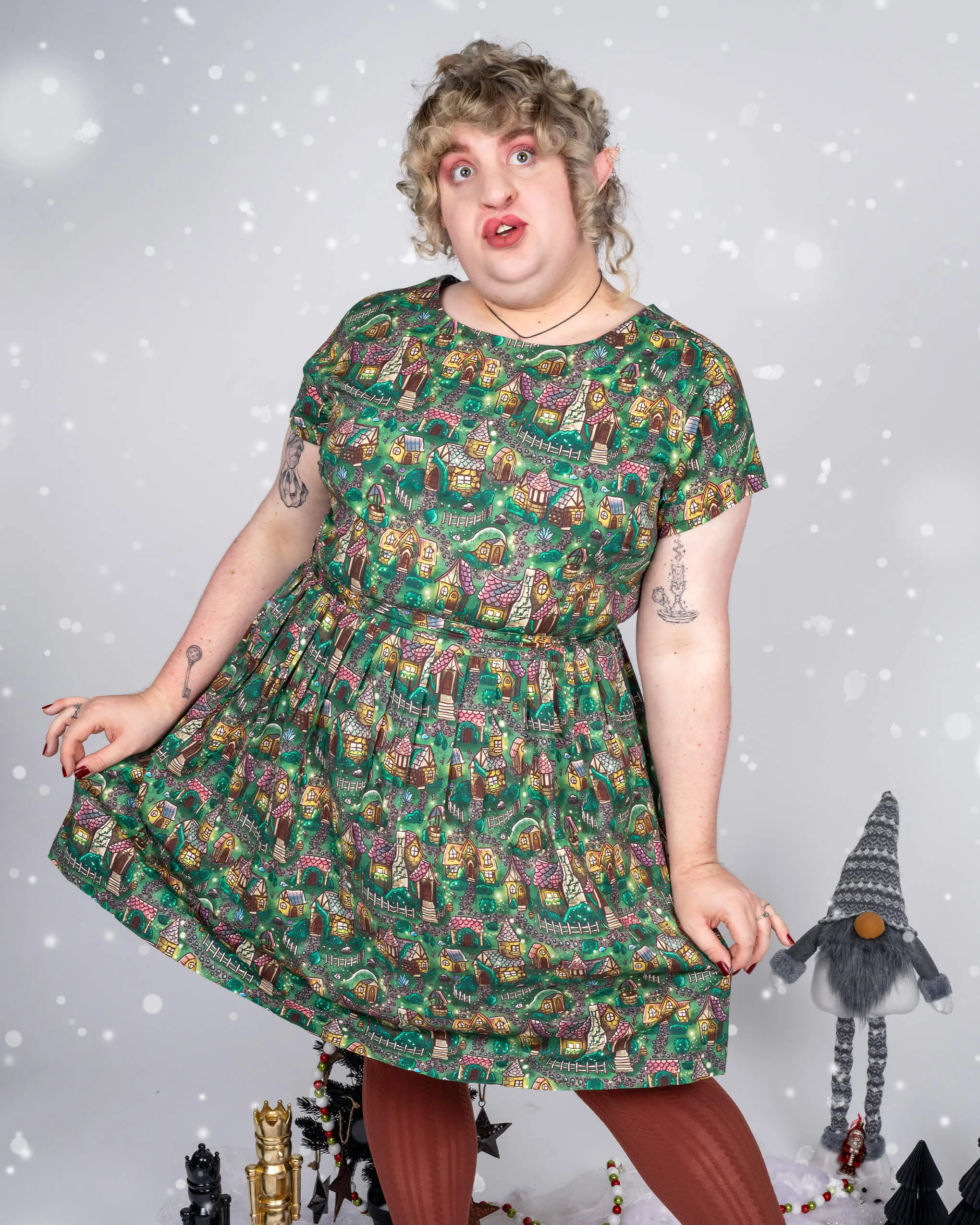 Festive: Christmas Cottages Stretch Belted Tea Dress with Pockets