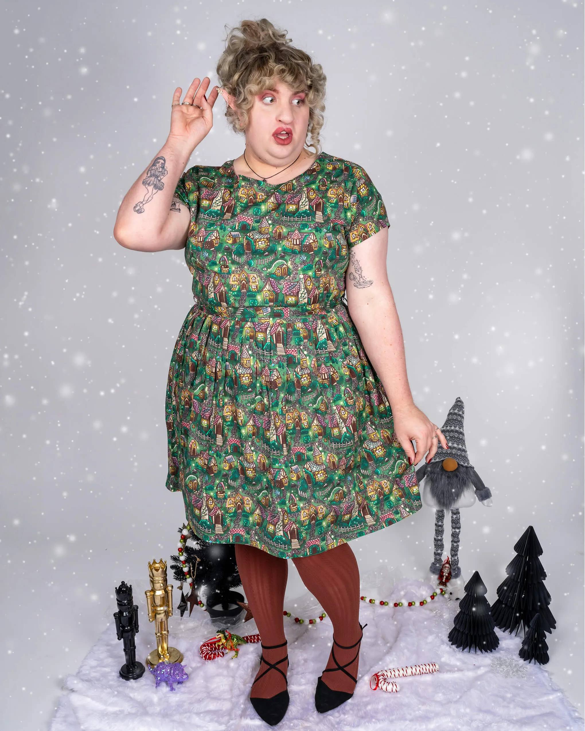 Festive: Christmas Cottages Stretch Belted Tea Dress with Pockets