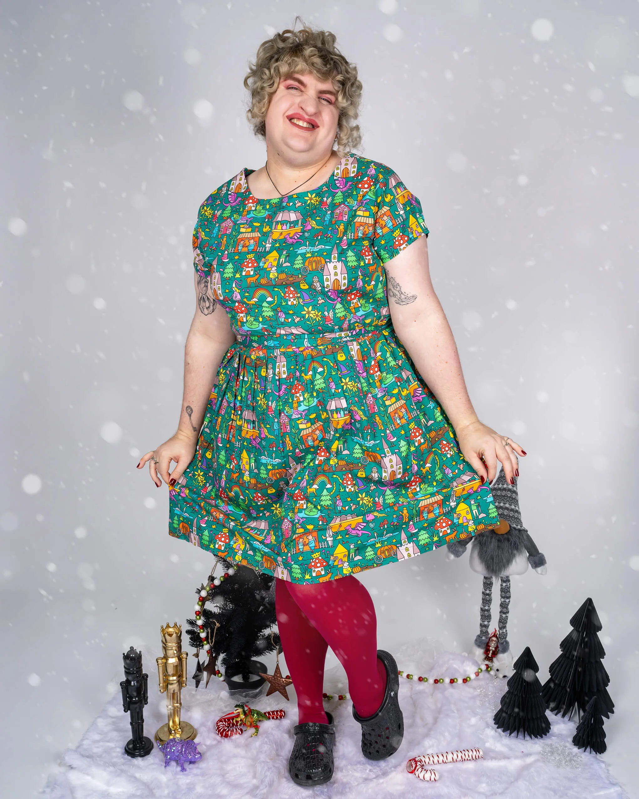 Festive: Fairytales and Pantomimes Stretch Belted Tea Dress with Pockets