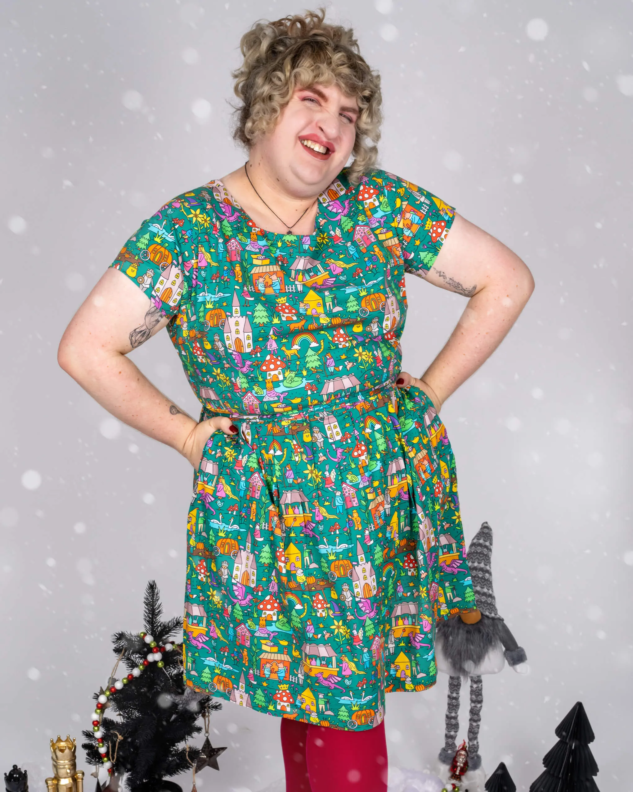 Festive: Fairytales and Pantomimes Stretch Belted Tea Dress with Pockets