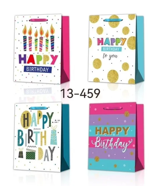 GIFT BAGS MEDIUM GLITTER HAPPY BIRTHDAY 4 ASSTD