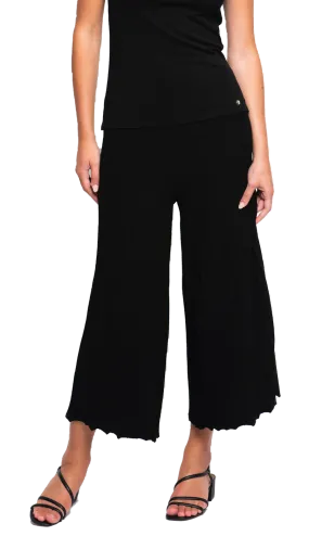 Giuliana Plisse-Look Cropped Wide Leg Pants; Black