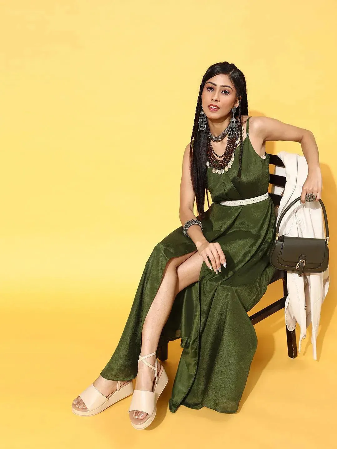 Green Solid Georgette Dress