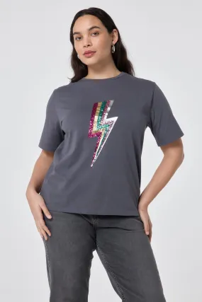 Grey with Multi Coloured Sequin and Foil Lightning Bolt T-Shirt