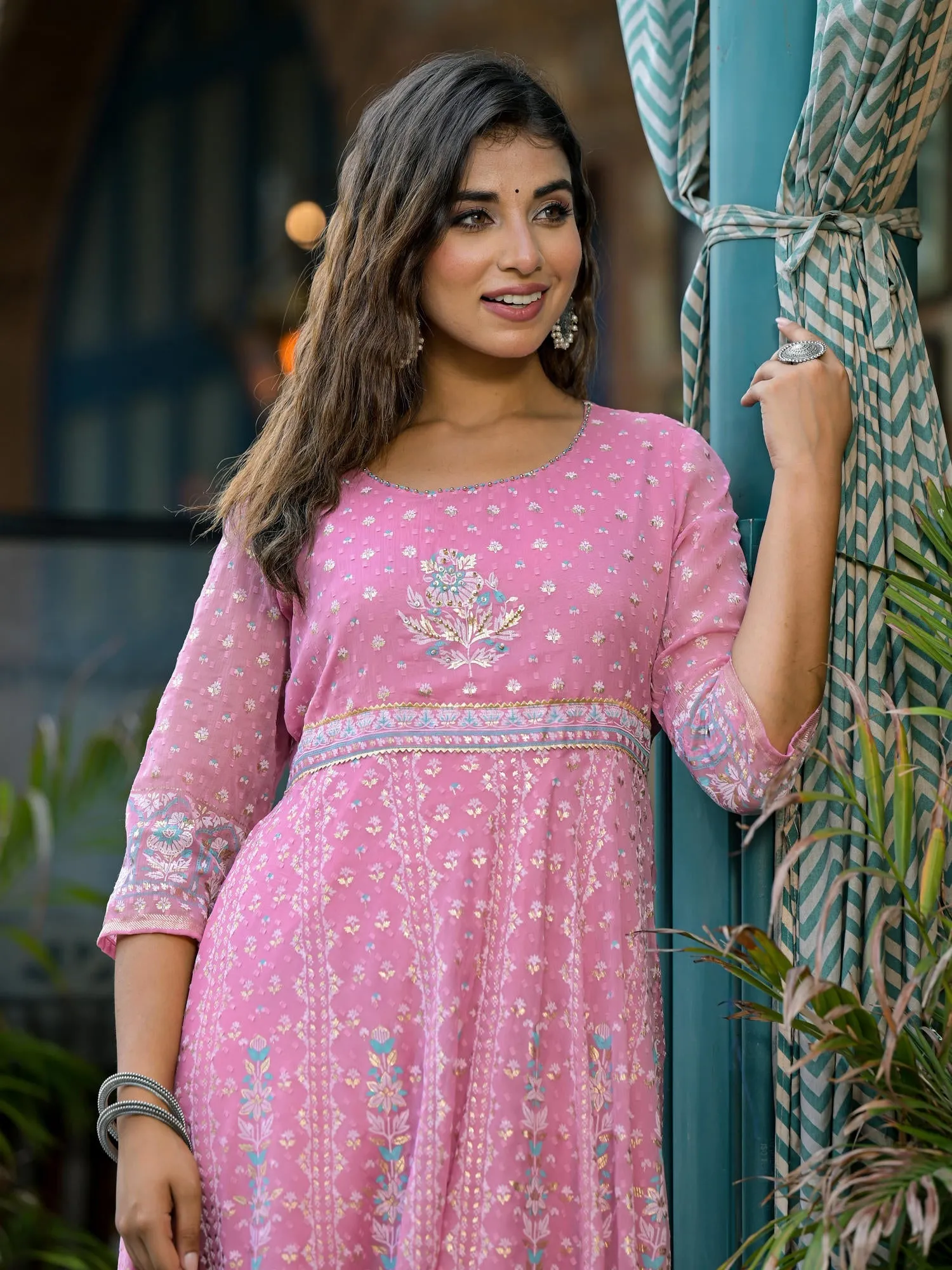 Jashvi Pink Ethnic Motif Printed Chiffon Dress With Sequins & Lace Work