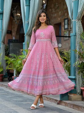 Jashvi Pink Ethnic Motif Printed Chiffon Dress With Sequins & Lace Work