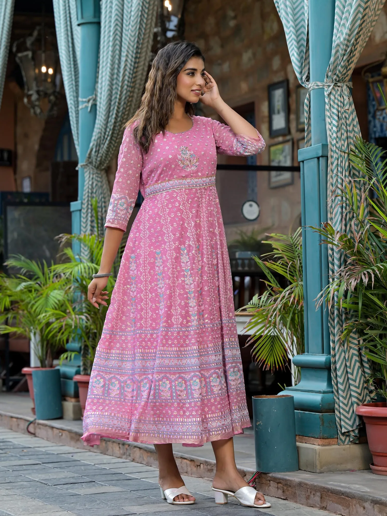 Jashvi Pink Ethnic Motif Printed Chiffon Dress With Sequins & Lace Work