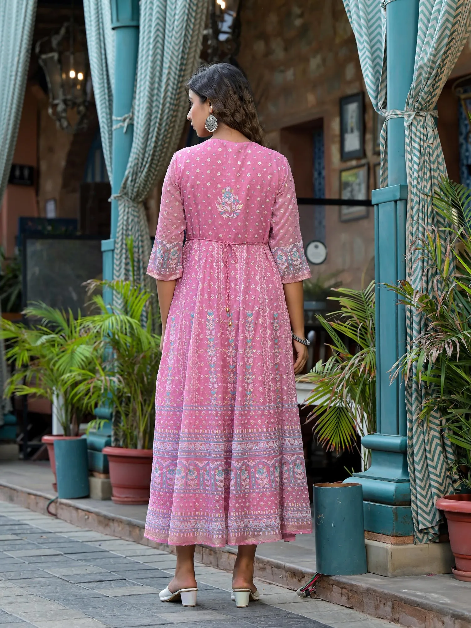 Jashvi Pink Ethnic Motif Printed Chiffon Dress With Sequins & Lace Work