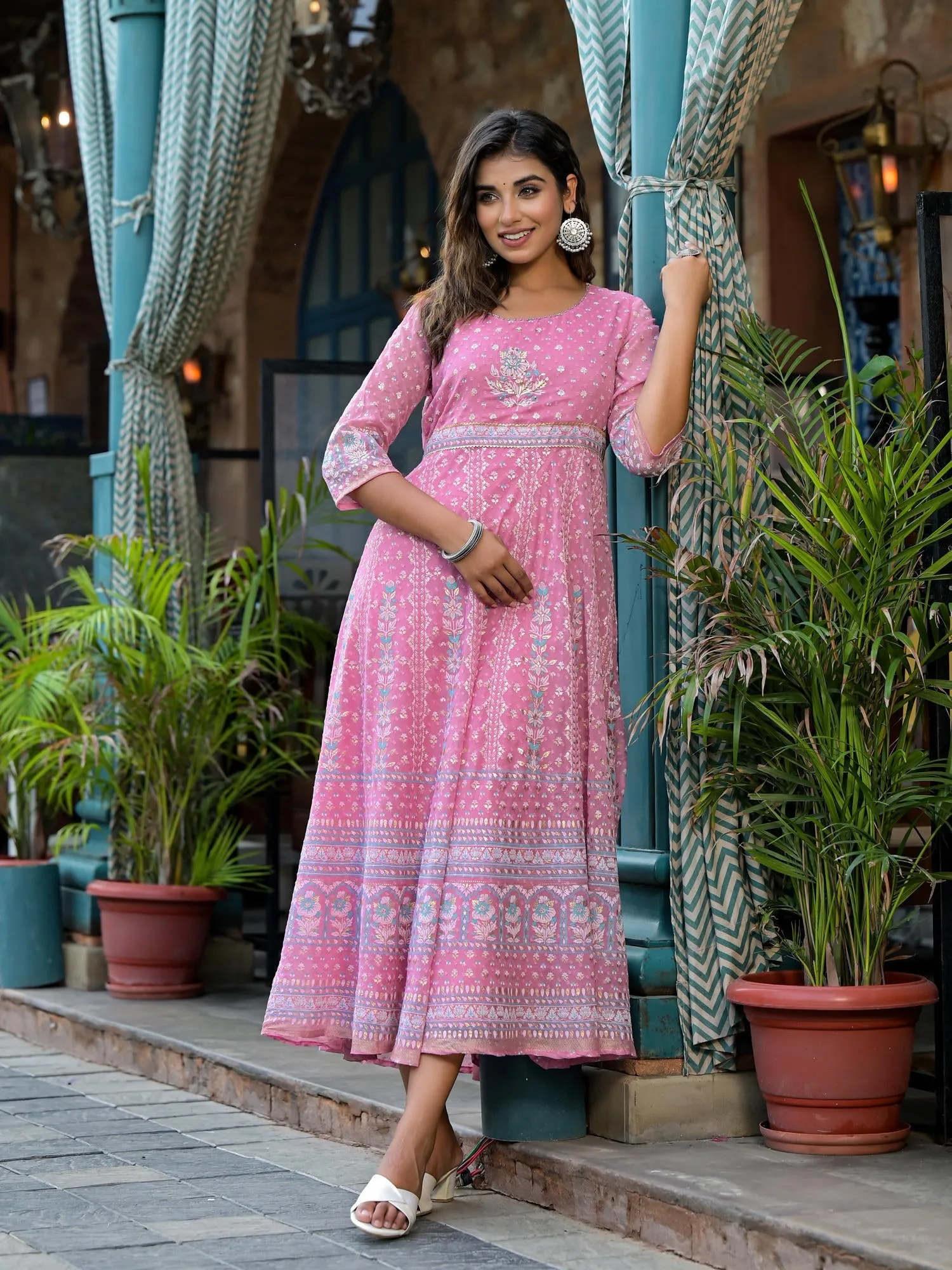 Jashvi Pink Ethnic Motif Printed Chiffon Dress With Sequins & Lace Work