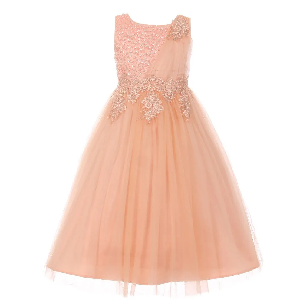 Little Girls Blush Pearl Bead Coiled Lace Satin Tulle Flower Girl Dress 4-6