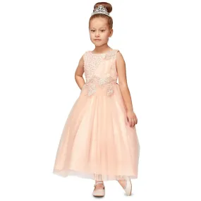 Little Girls Blush Pearl Bead Coiled Lace Satin Tulle Flower Girl Dress 4-6