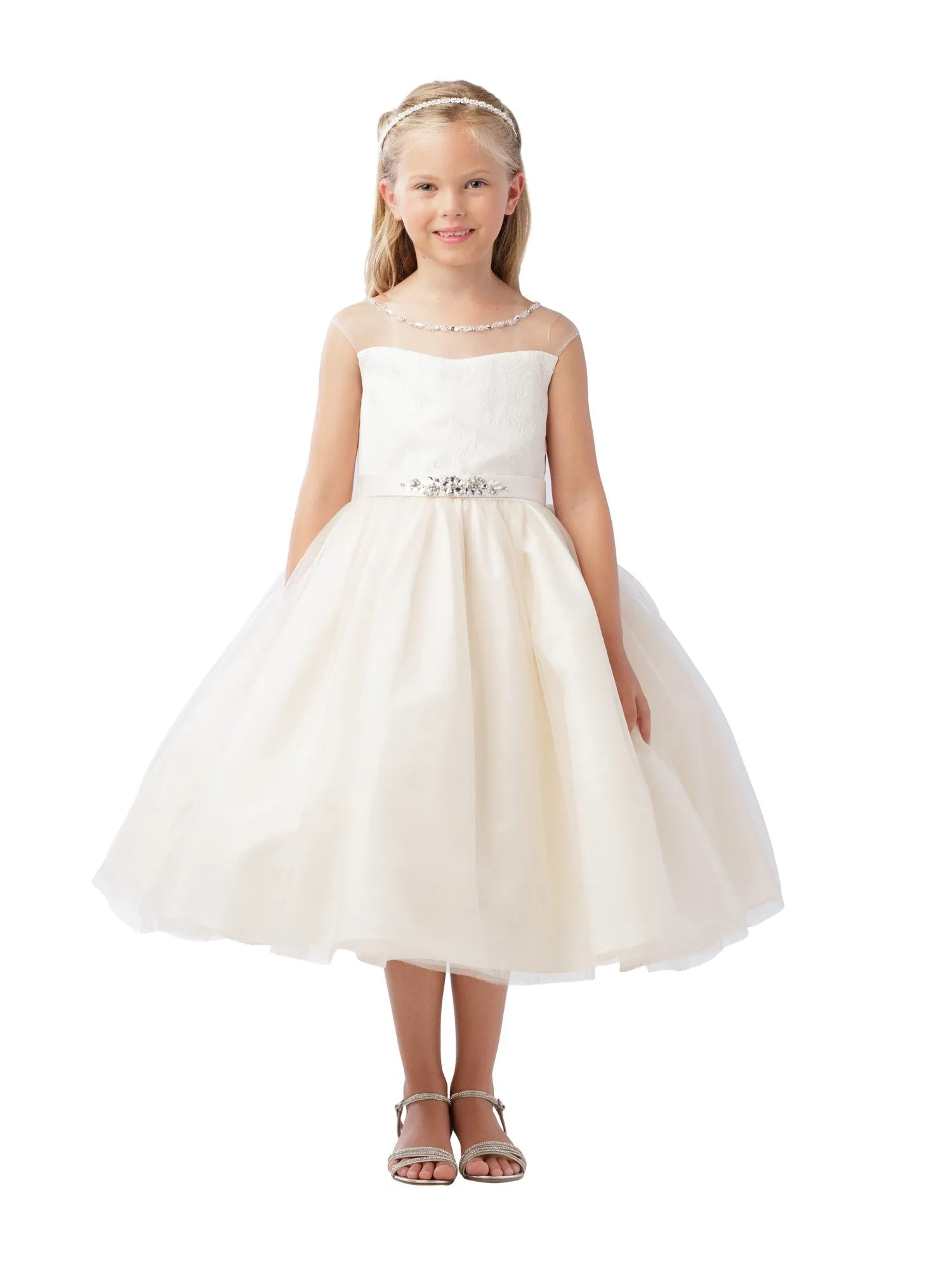 Little Girls Champagne Illusion Beaded Lace Belted Flower Girl Dress 2-6