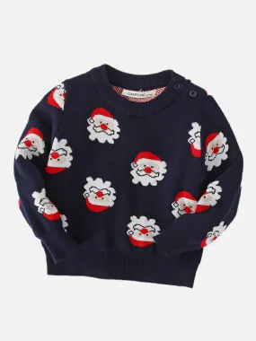 Little Surprise Box Navy Multi Santa Faces Knitted Warmer, Cardigan Christmas Sweater for Kids