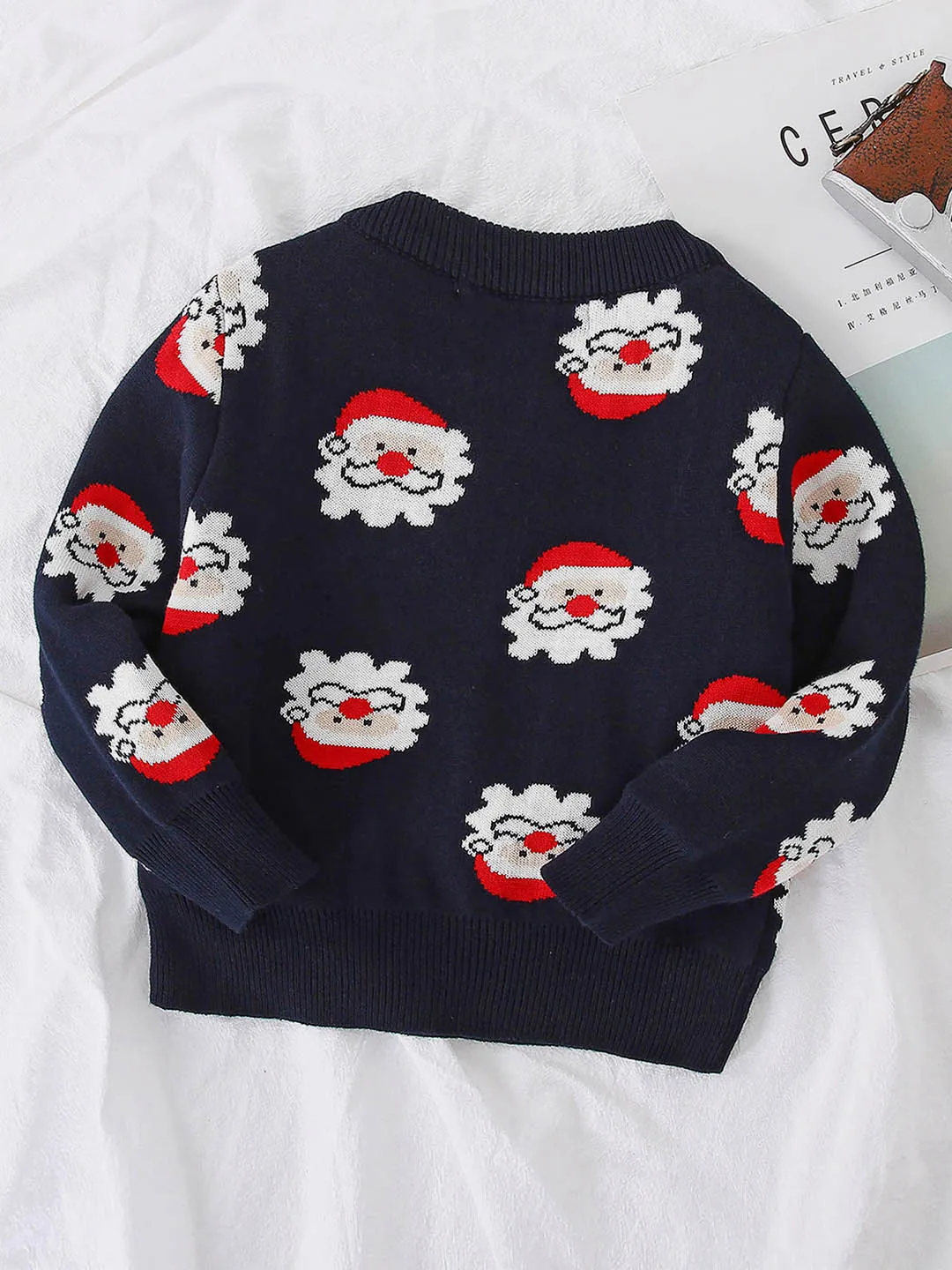 Little Surprise Box Navy Multi Santa Faces Knitted Warmer, Cardigan Christmas Sweater for Kids