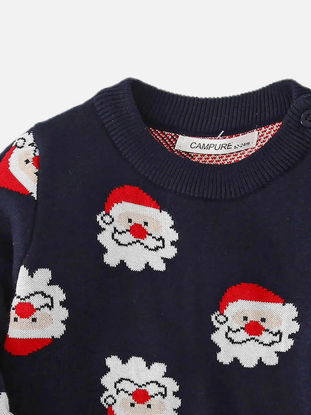 Little Surprise Box Navy Multi Santa Faces Knitted Warmer, Cardigan Christmas Sweater for Kids